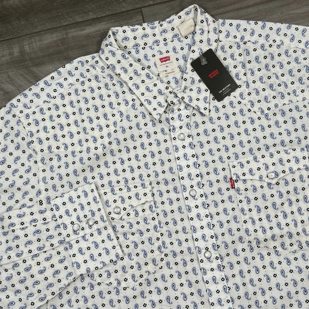 Levi's Mens Size XL Western Shirt White Paisley Pearl Snap Long Sleeve NWT